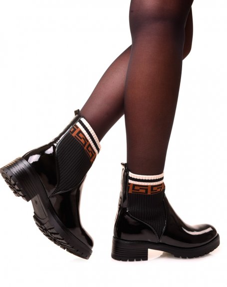Black patent sock-effect ankle boots