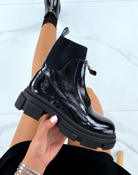 Black patent sock-effect ankle boots with zip and notched sole