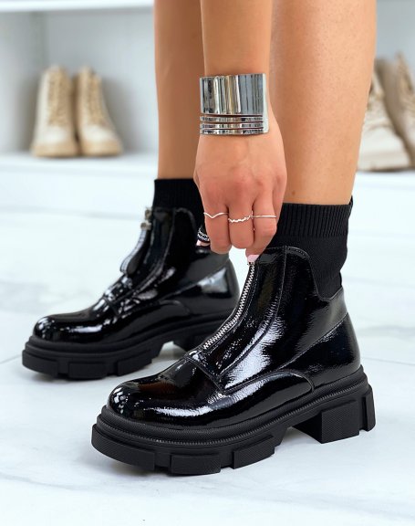 Black patent sock-effect ankle boots with zip and notched sole