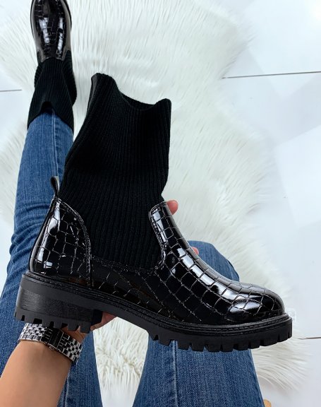 Black patent sock-effect high ankle boots