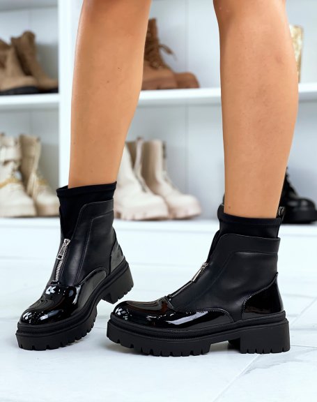Black patent sock-effect zipped and heeled ankle boots