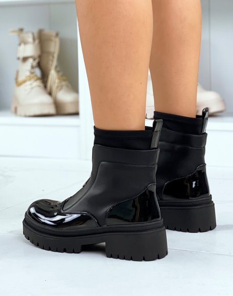 Black patent sock-effect zipped and heeled ankle boots