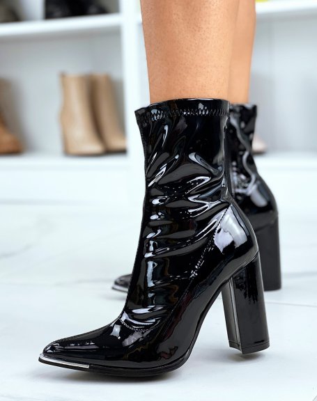 Black Patent Sock Heel Pointed Toe Ankle Boots With Silver Detail
