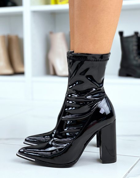 Black Patent Sock Heel Pointed Toe Ankle Boots With Silver Detail