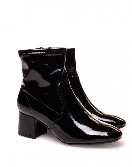 Black patent square heel ankle boots