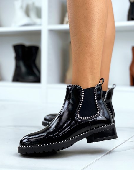 Black patent studded Chelsea boots