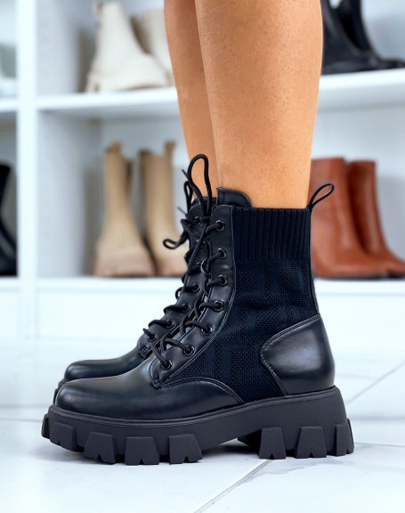 Black patterned sock-effect lace-up ankle boots