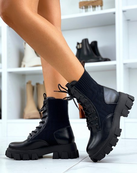 Black patterned sock-effect lace-up ankle boots
