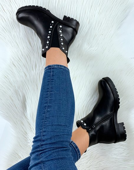 Black pearl and studded low ankle boots