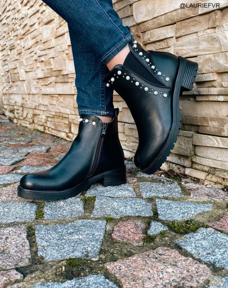 Black pearl and studded low ankle boots