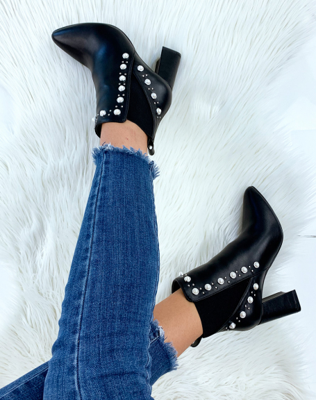 Black pearl heeled ankle boots