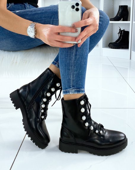 Black pearl lace-up ankle boots