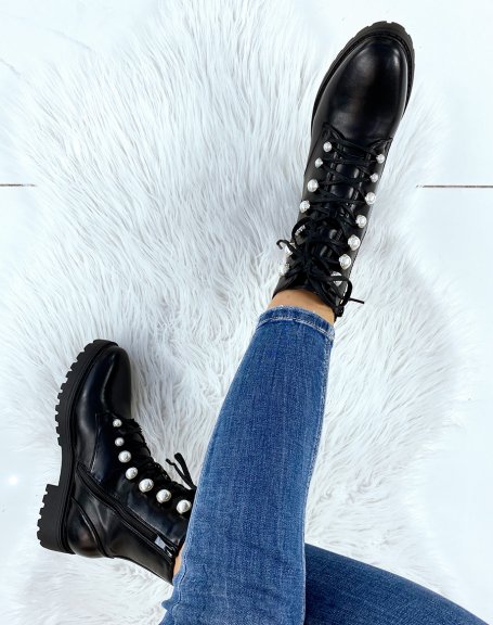 Black pearl lace-up ankle boots