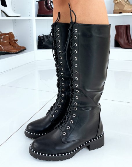 Black Pearl Lace Up Knee High Boots