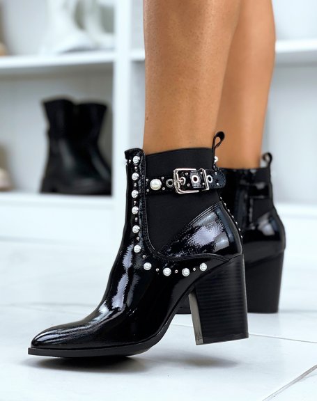 Black pearl patent heel ankle boots