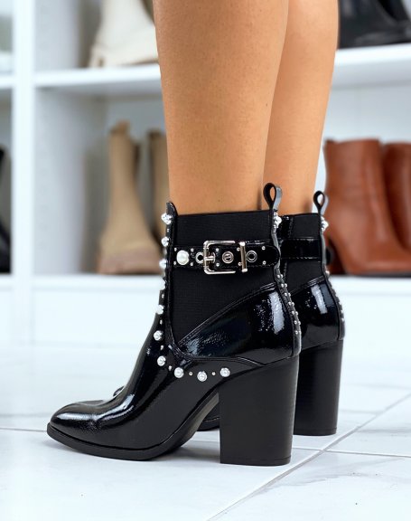 Black pearl patent heel ankle boots