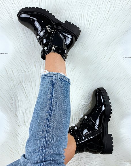 Black pearl patent low ankle boots