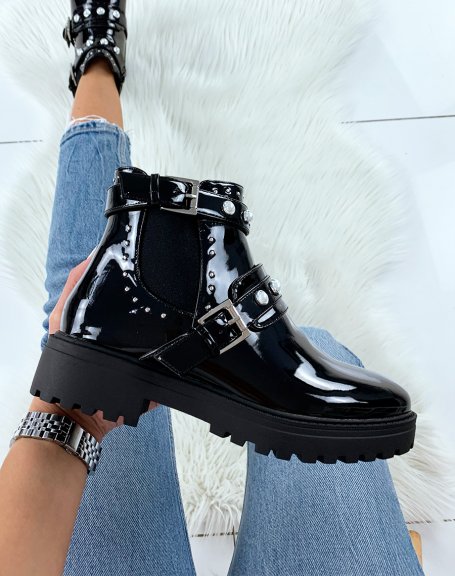 Black pearl patent low ankle boots