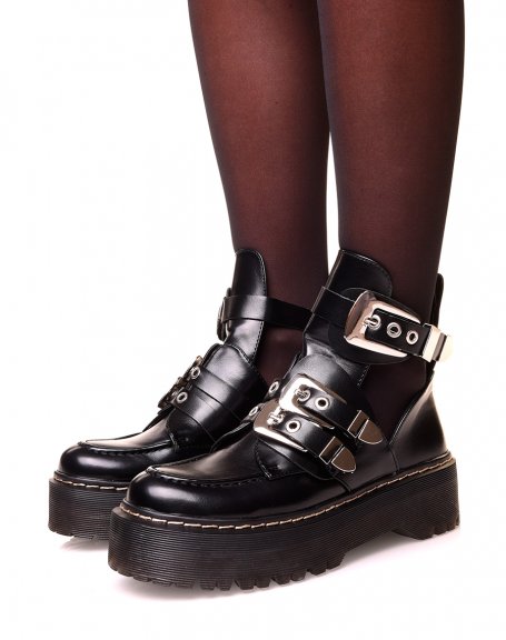 Black platform boots with multiple straps