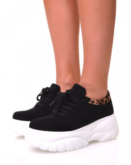 Black platform sneakers with leopard print insert