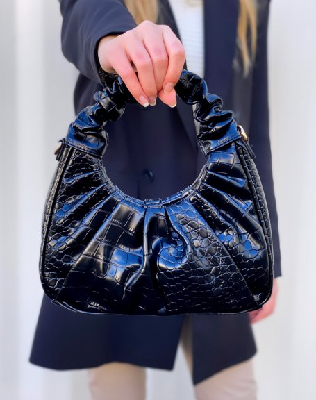 Black pleated croc-effect messenger bag