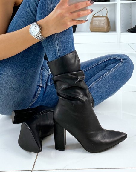 Black Pleated Pointed Toe Heeled Ankle Boots
