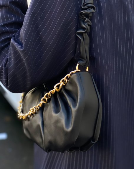 Black pleated shoulder bag with golden chain