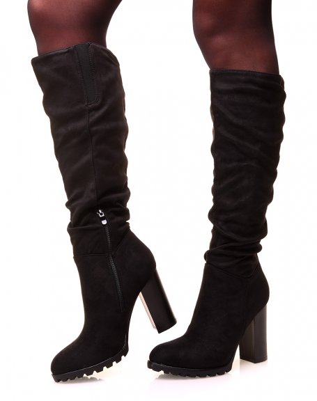 Black pleated suedette heel boots