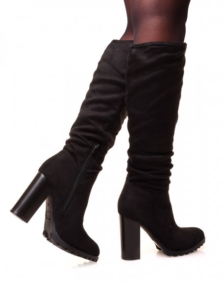 Black pleated suedette heel boots