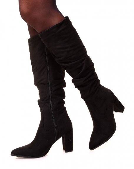 Black pleated suedette pointed toe boots