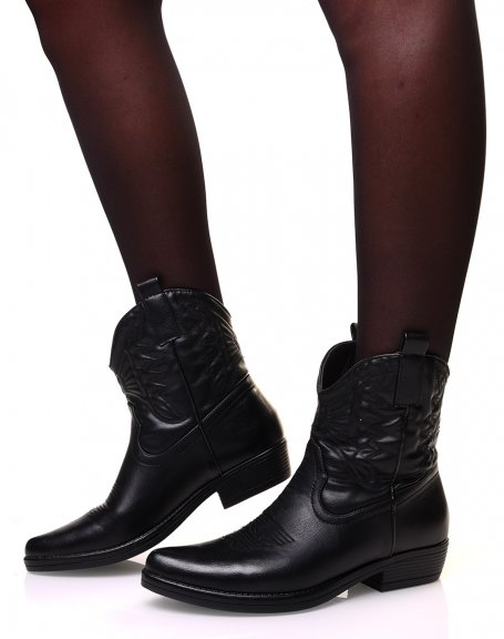 Black pointed toe ankle boots with embroidered details