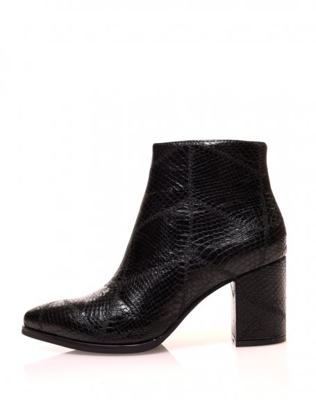 Black pointed toe python-effect heeled ankle boots