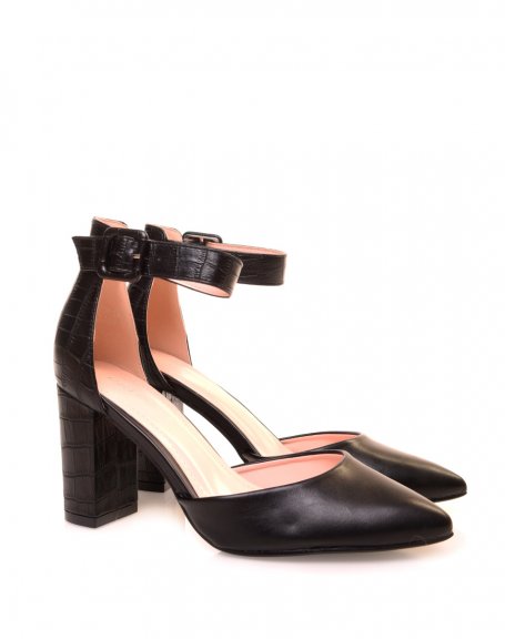 Black pumps with croc-effect heel