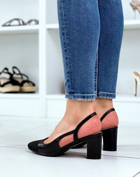 Black pumps with square heel and round toes with fabric yoke