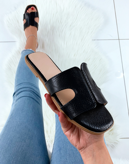 Black python-effect faux leather mules with wide strap
