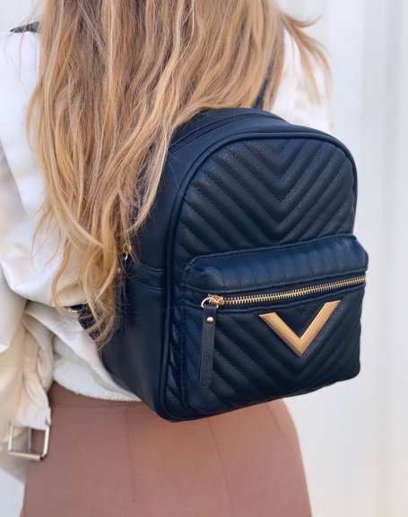 Black quilted backpack with gold details