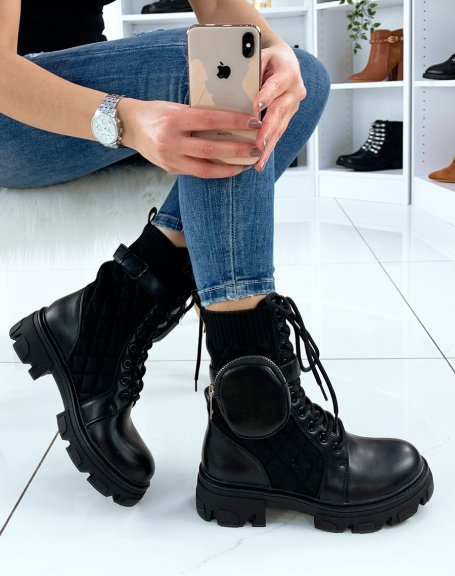 Black quilted high ankle boots with notched sole