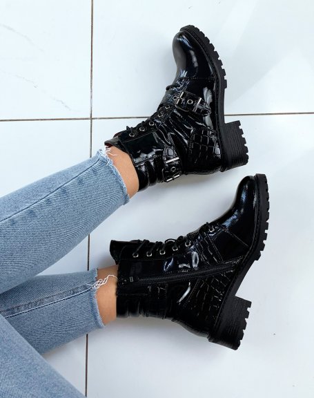 Black quilted patent ankle boots with croc-effect straps