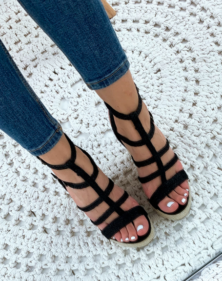 Black raffia wedge sandals