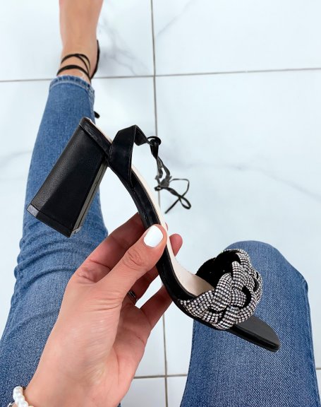 black rhinestone strap heeled sandals