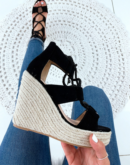 Black rope wedge sandals with lace on ankle