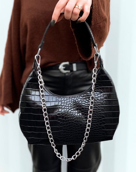 Black rounded croc effect handbag