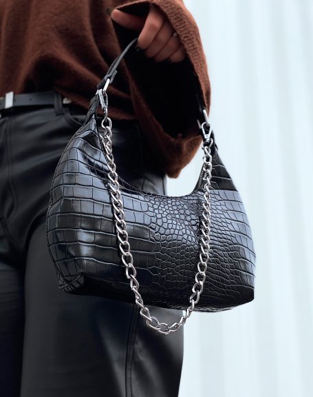 Black rounded croc effect handbag