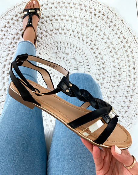 Black sandal with multiple black and gold straps