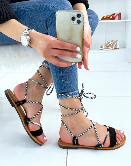 Black sandals in suedette with long two-tone straps