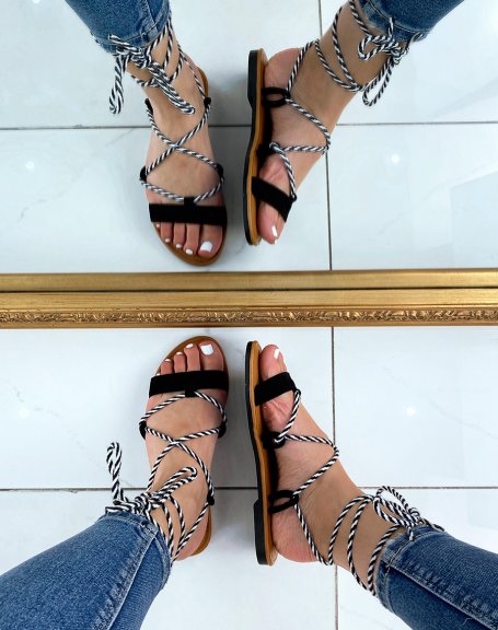 Black sandals in suedette with long two-tone straps