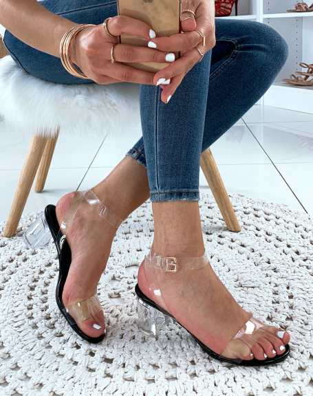 Black sandals with block heels and transparent straps
