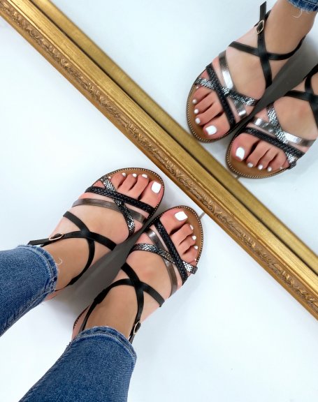 Black sandals with braided, shiny straps and python effect
