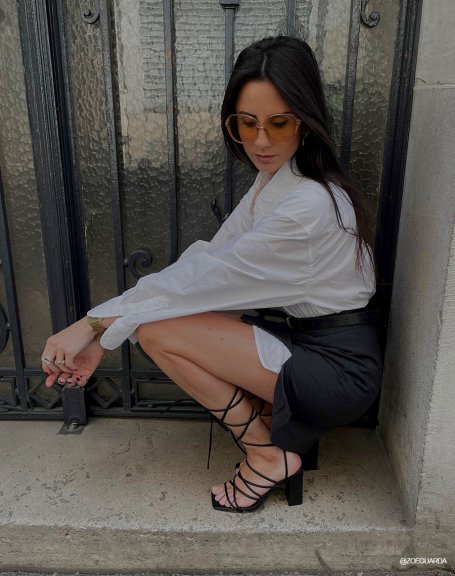 Black sandals with criss-cross laces and high block heel