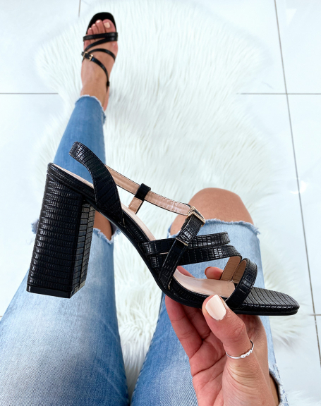 Black sandals with croc-effect straps